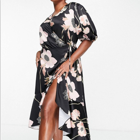 BRAND NEW WT curve midi satin wrap dress with puff sleeves in floral - Picture 2 of 5